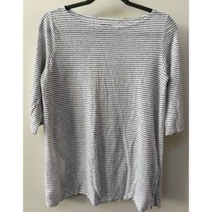 Eileen Fisher 3/4 Sleeve Striped Top Gray White Womens Size S 100% Organic Linen
